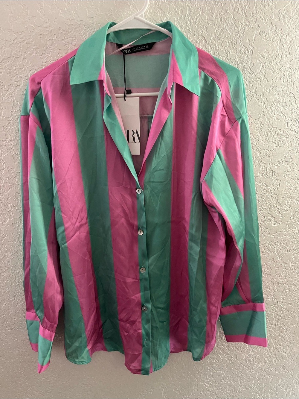 Zara Striped Button-Up Shirt in Pink & Mint Green